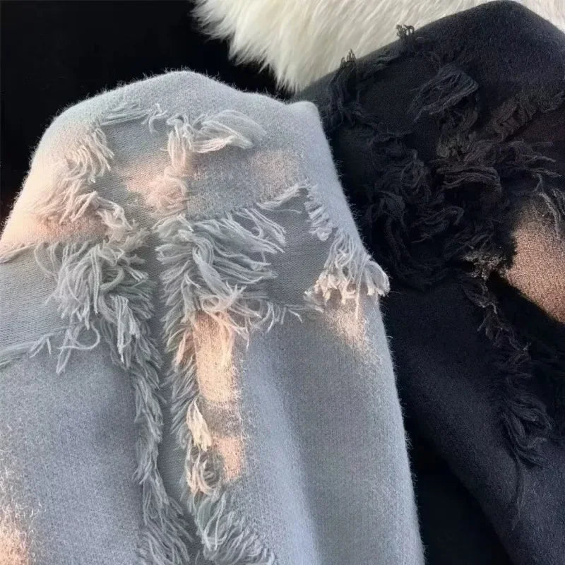 Autumn Y2k Streetwear Men Women New Retro Hole Fringed Sweater Loose Versatile Sweater Korean Fashion Long Sleeve Baggy Sweater