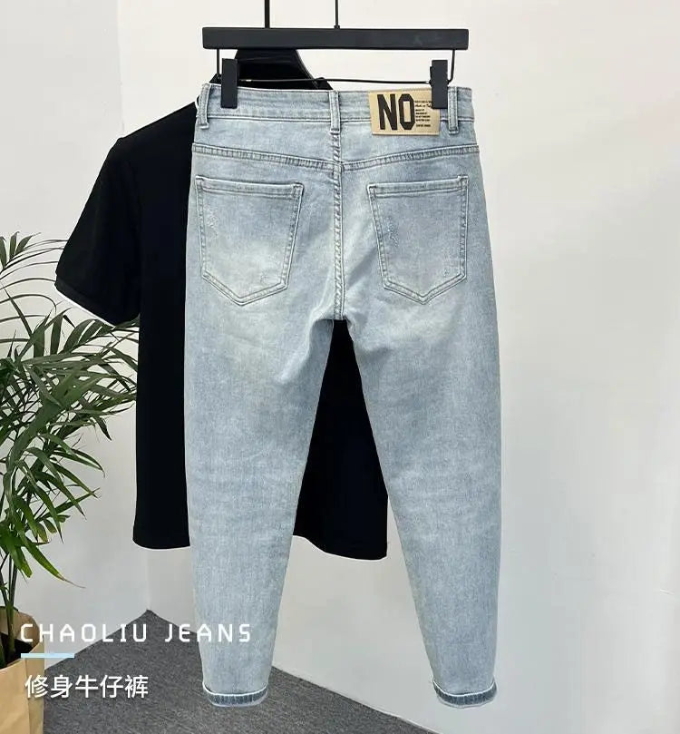 Mens jeans Trendy Brand Light-colored Fashion Youth Casual Pants Cowboy Simple Ruffian Handsome Slim-fitting Skinny Jeans Men