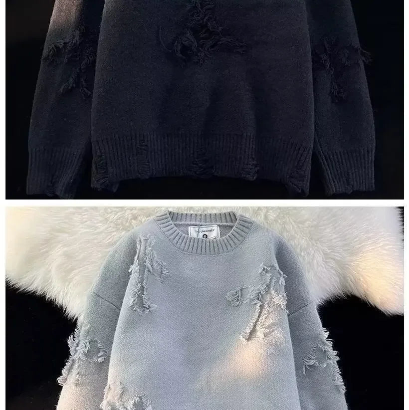 Autumn Y2k Streetwear Men Women New Retro Hole Fringed Sweater Loose Versatile Sweater Korean Fashion Long Sleeve Baggy Sweater