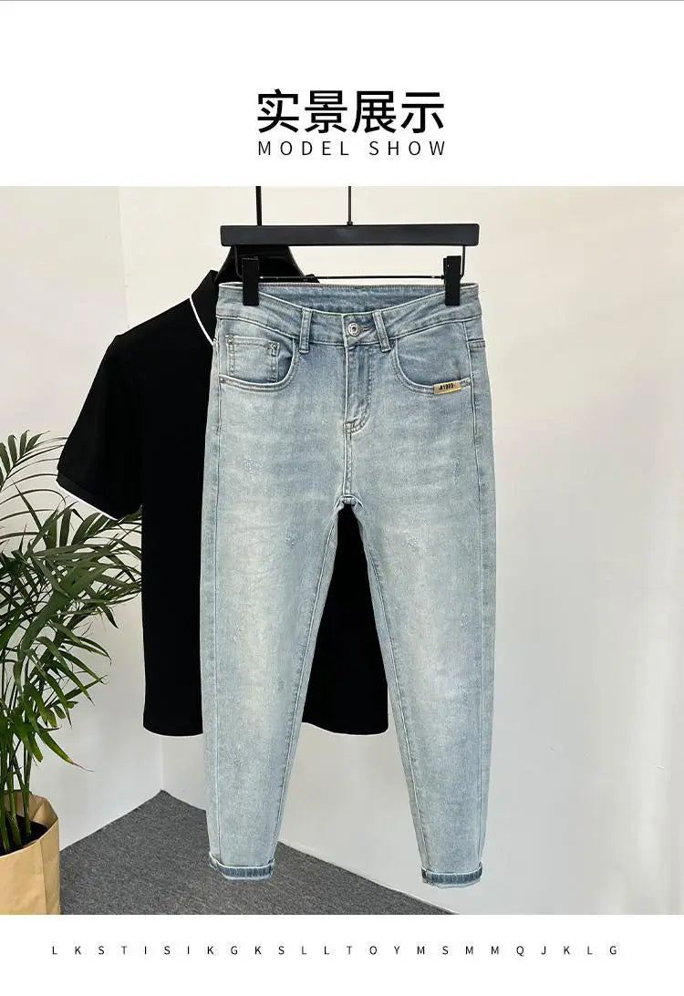 Mens jeans Trendy Brand Light-colored Fashion Youth Casual Pants Cowboy Simple Ruffian Handsome Slim-fitting Skinny Jeans Men