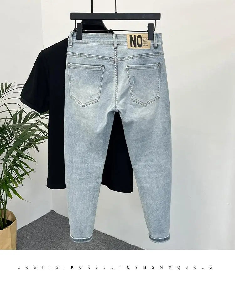 Mens jeans Trendy Brand Light-colored Fashion Youth Casual Pants Cowboy Simple Ruffian Handsome Slim-fitting Skinny Jeans Men