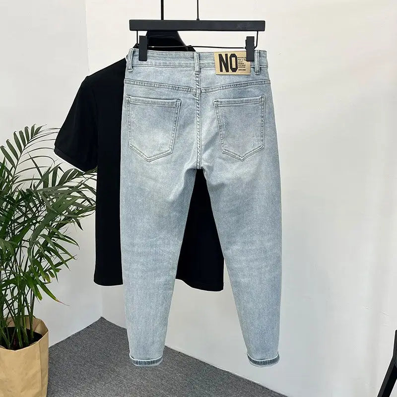 Mens jeans Trendy Brand Light-colored Fashion Youth Casual Pants Cowboy Simple Ruffian Handsome Slim-fitting Skinny Jeans Men