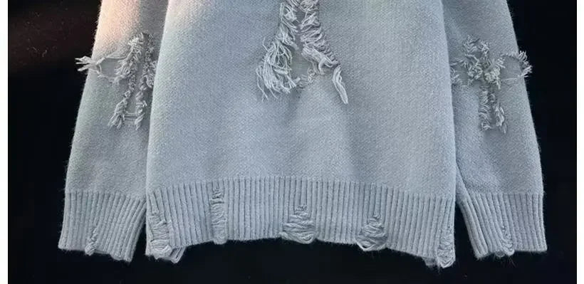 Autumn Y2k Streetwear Men Women New Retro Hole Fringed Sweater Loose Versatile Sweater Korean Fashion Long Sleeve Baggy Sweater