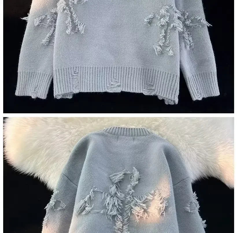 Autumn Y2k Streetwear Men Women New Retro Hole Fringed Sweater Loose Versatile Sweater Korean Fashion Long Sleeve Baggy Sweater